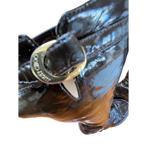 Jimmy Choo Chocolate Brown Patent Leather Riding Boots Gold Buckle Low Heel 38.5 - Picture 7 of 14